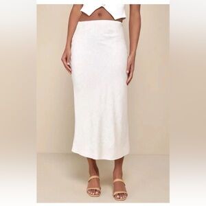 Lulus Linen Midi Skirt Women’s Sz M Summery Cutie Beige High-Waisted Boho Beachy